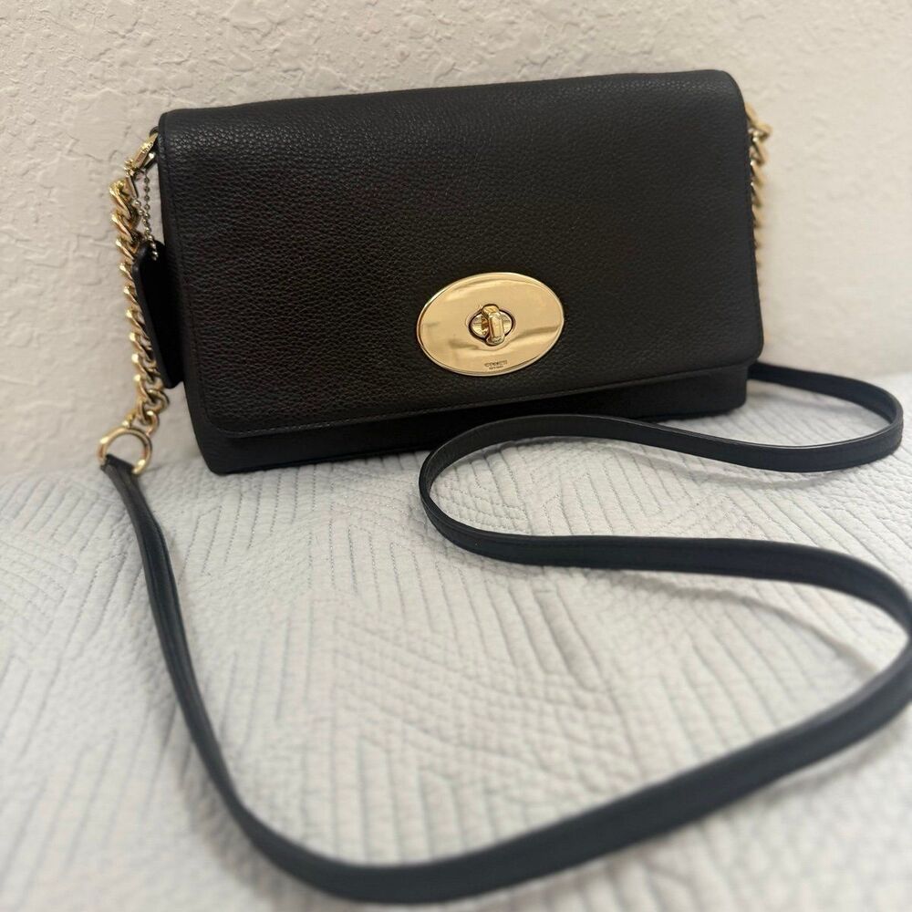 Coach Black Pebbled Leather Crosstown Crossbody Turnlock Bag with Gold Hardware